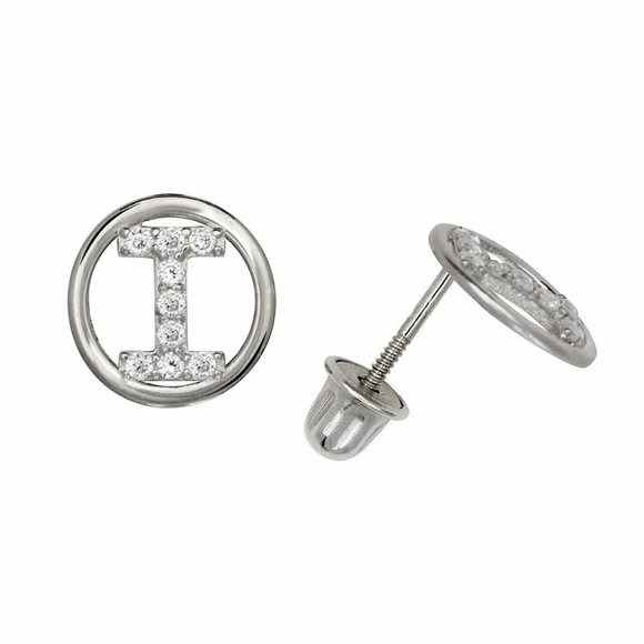 14K Solid White Gold 8mm Letter Initial Halo CZ Stud Alphabet Earrings - Picture 8 of 16
